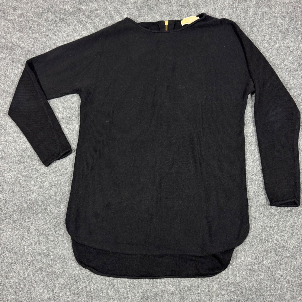Michael Kors Tunic Sweater Gold Back Zip Womens Medium Black Cotton Knit EUC